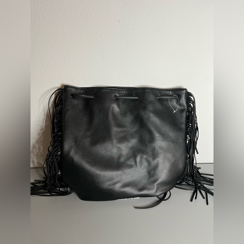 Victoria's Secret Fringe Bucket Bag Drawstring Black Faux Leather Large NWOT - Picture 2 of 16